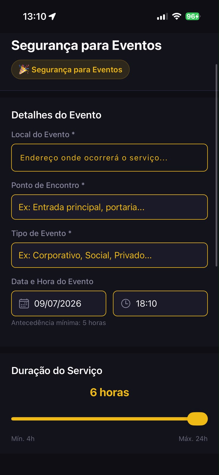Tela do app: Segurança em festas