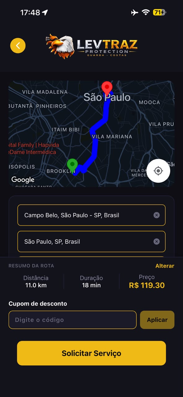 Tela inicial do app com mapa e serviços