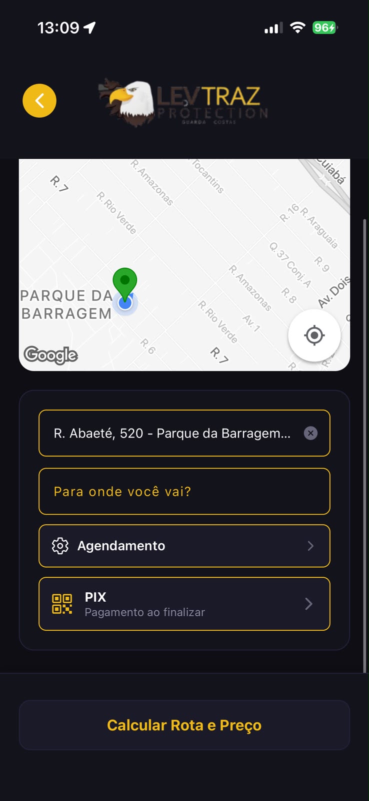 Tela inicial do app com mapa e serviços
