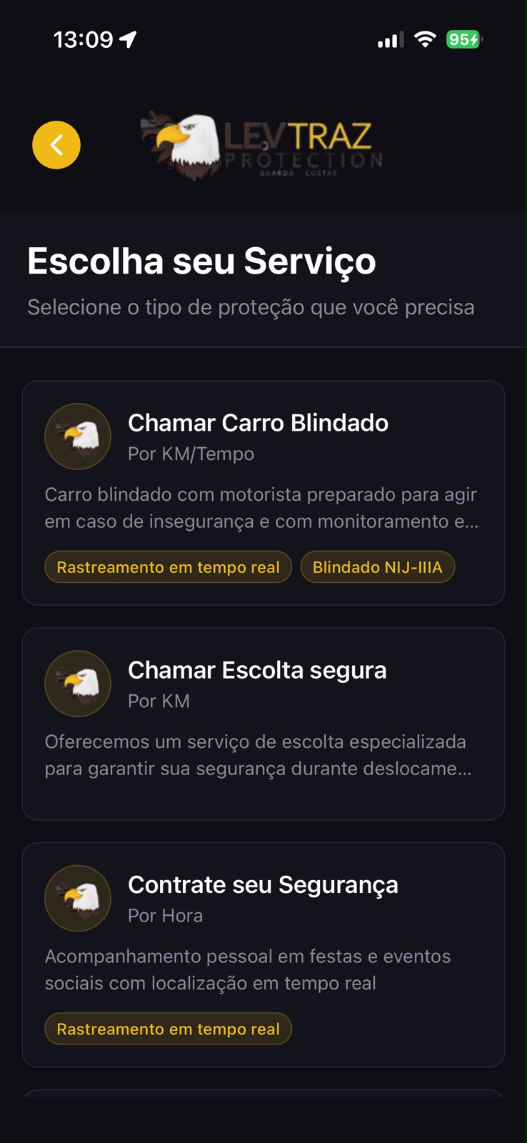 Tela de escolha de serviço no app LevTraz