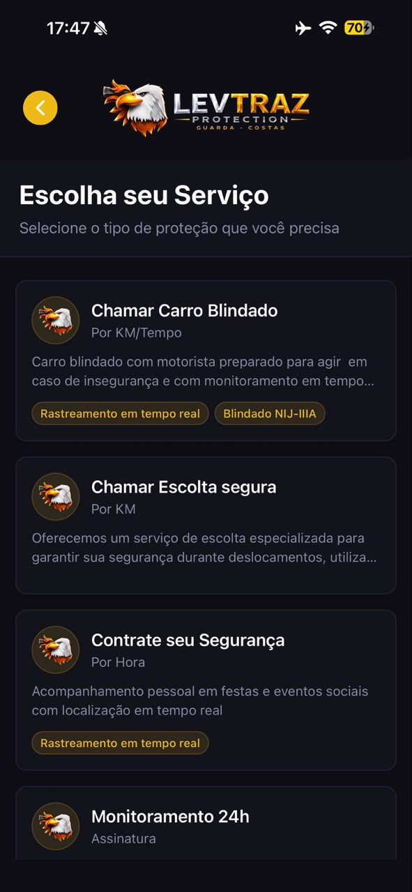 Tela do app: Escolha o serviço