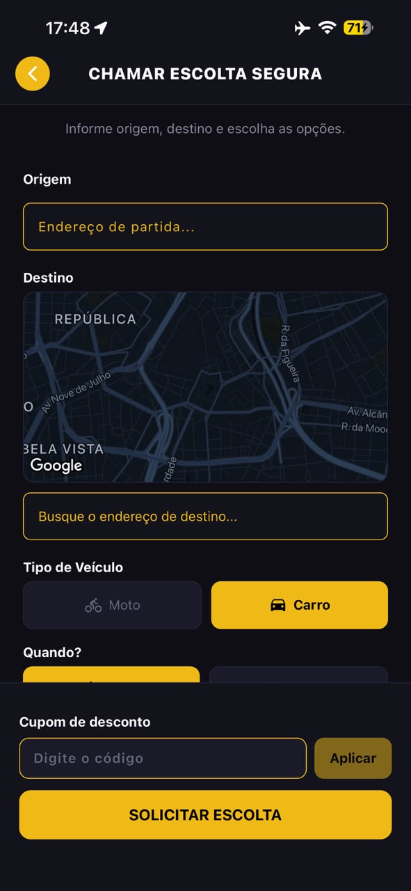 Tela do app: Chamar escolta