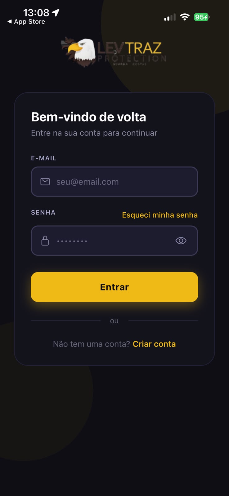 Tela do app: Login rápido