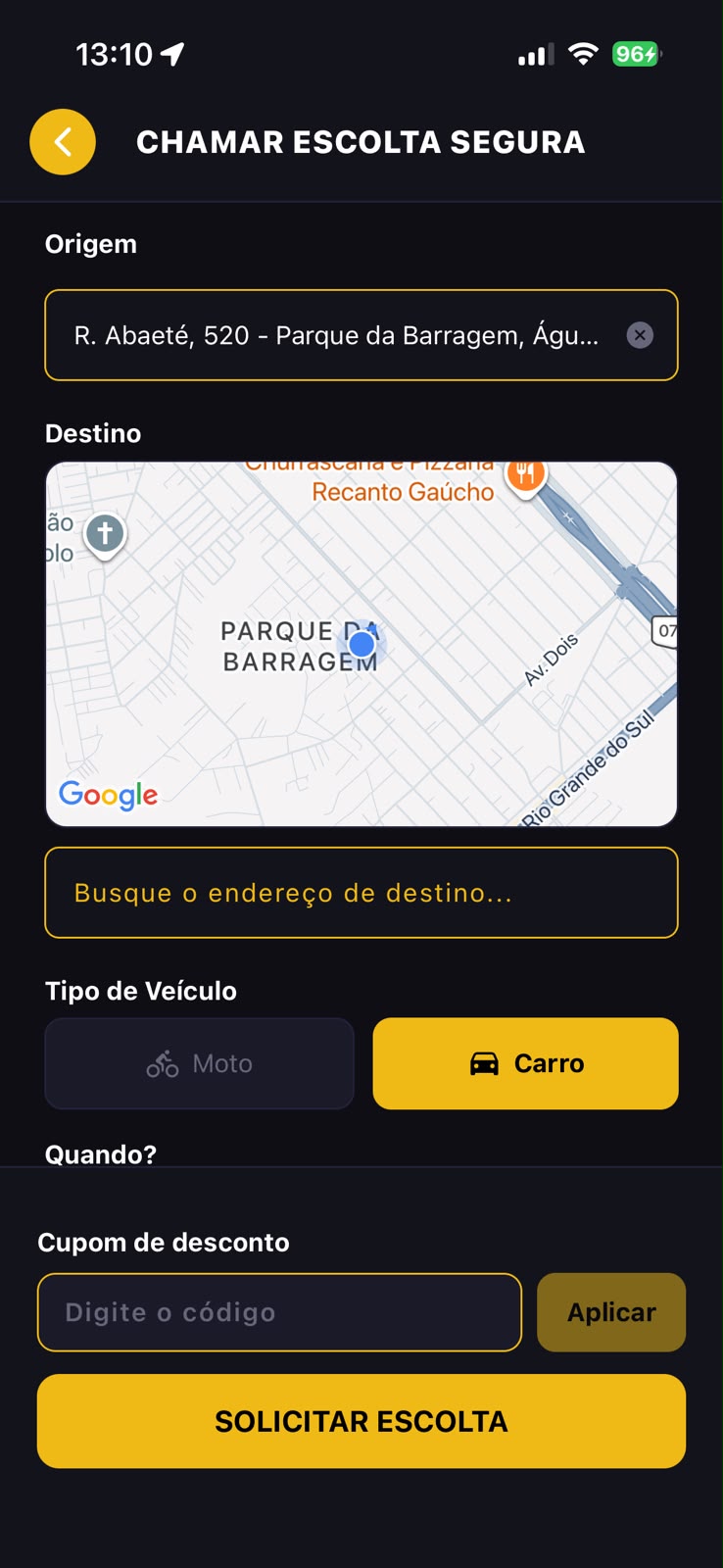 Tela do app: Chamar escolta